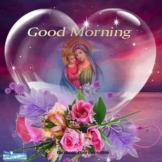 Mother Mary Good Morning Beautiful Heart With Pink Flowers And Stars Image